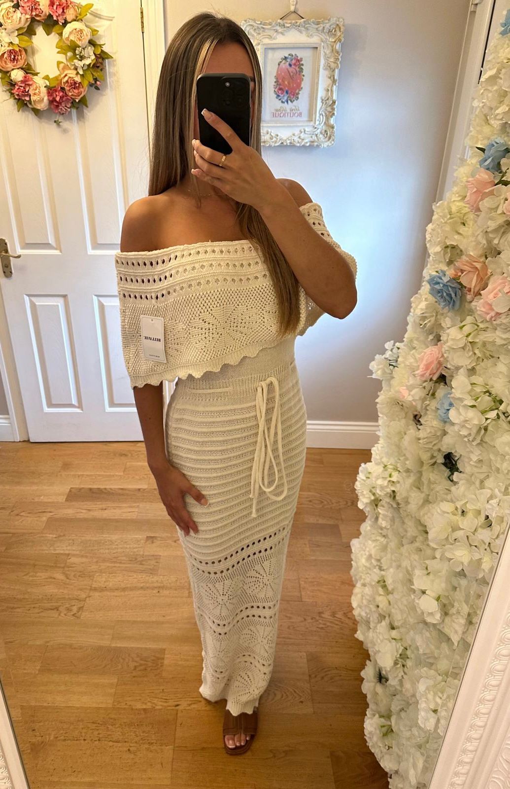 Crochet Knit Bardot Maxi Dress