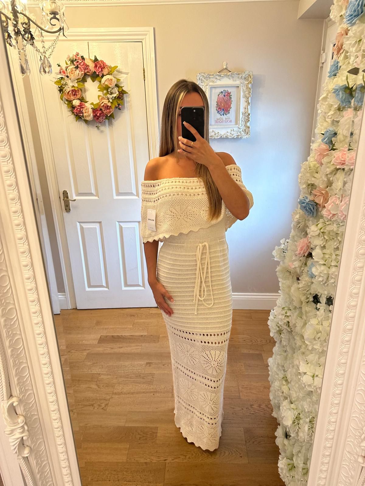 Crochet Knit Bardot Maxi Dress