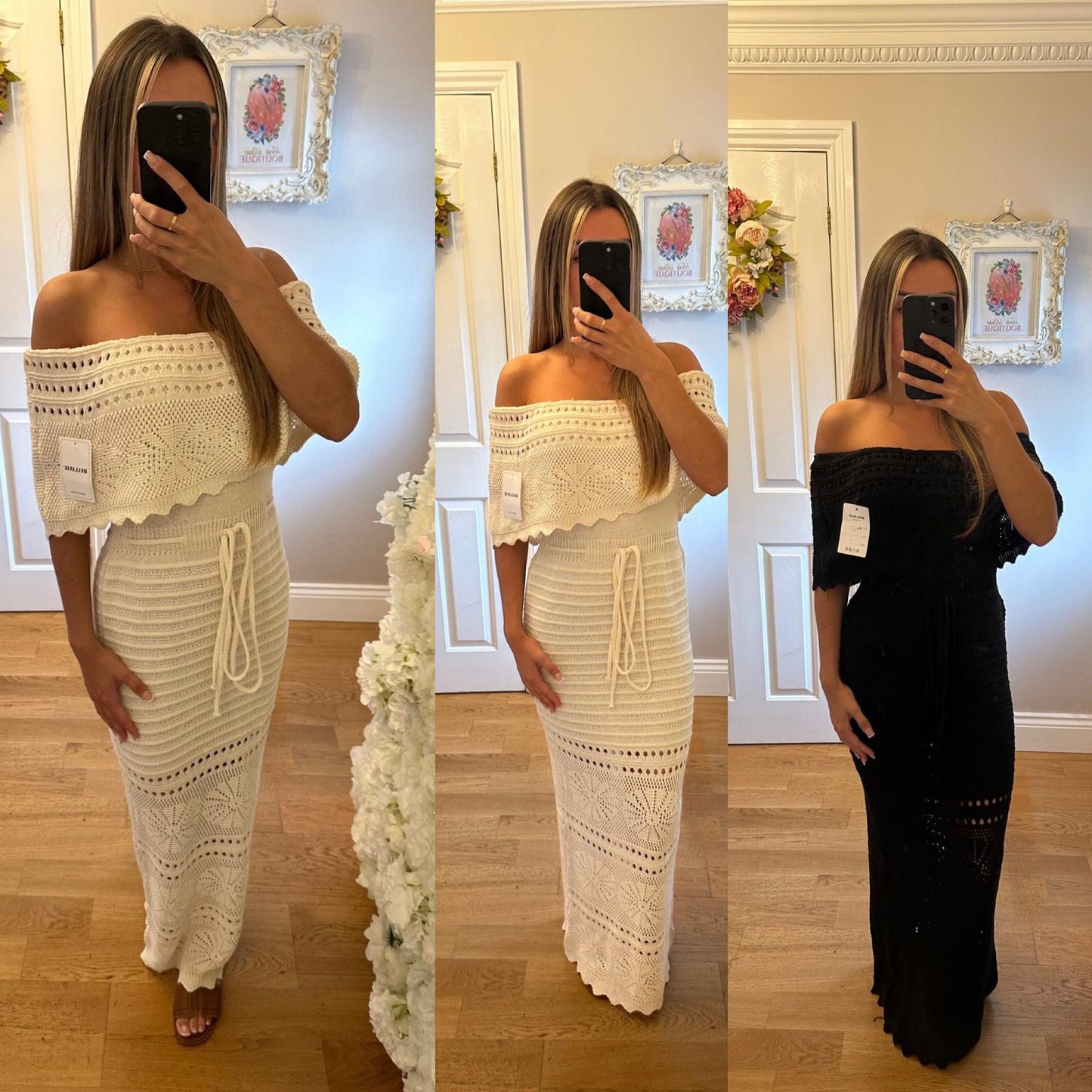 Crochet Knit Bardot Maxi Dress