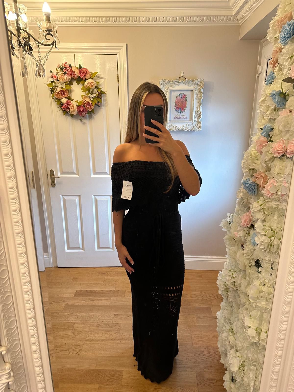 Crochet Knit Bardot Maxi Dress