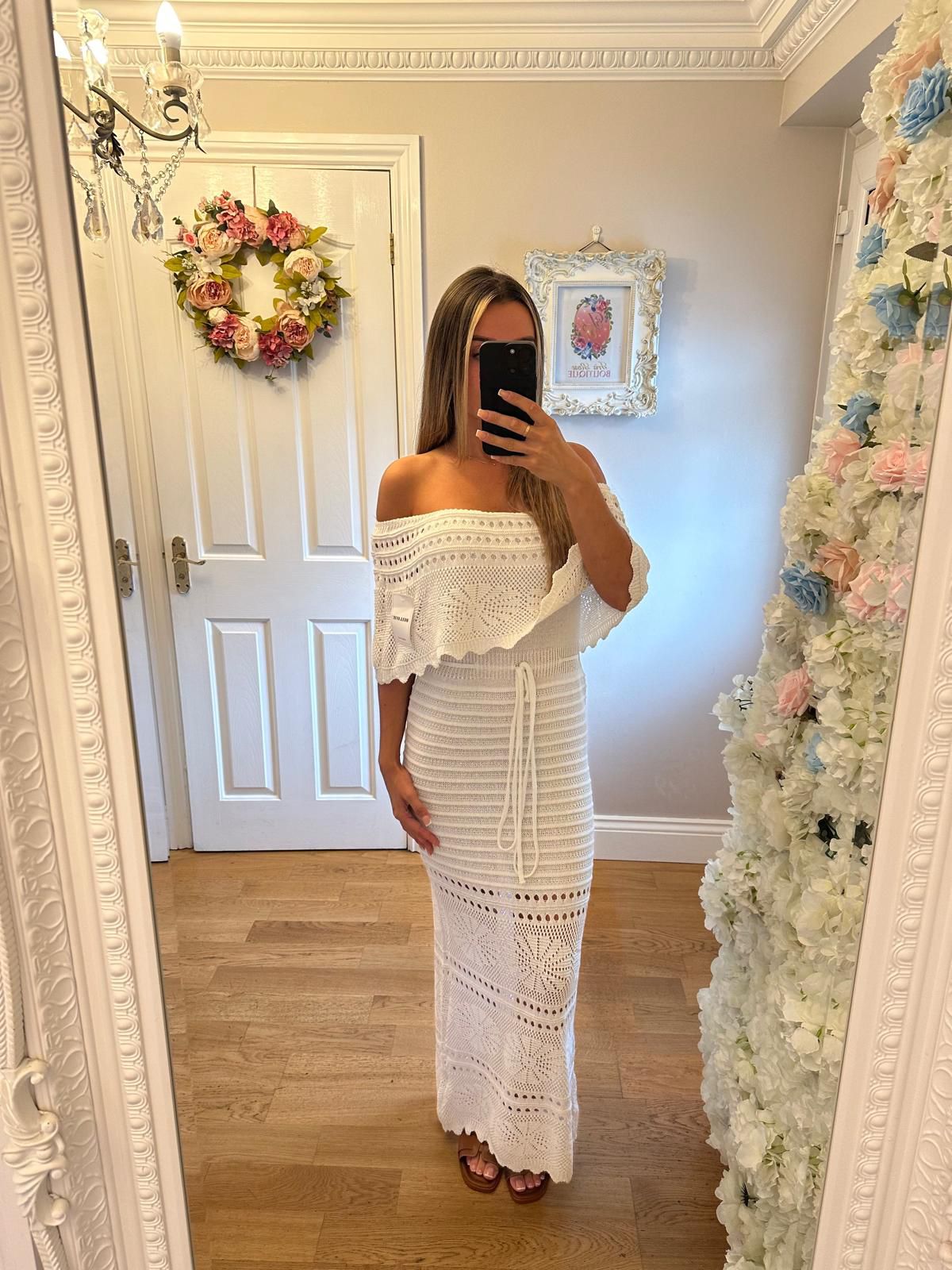 Crochet Knit Bardot Maxi Dress