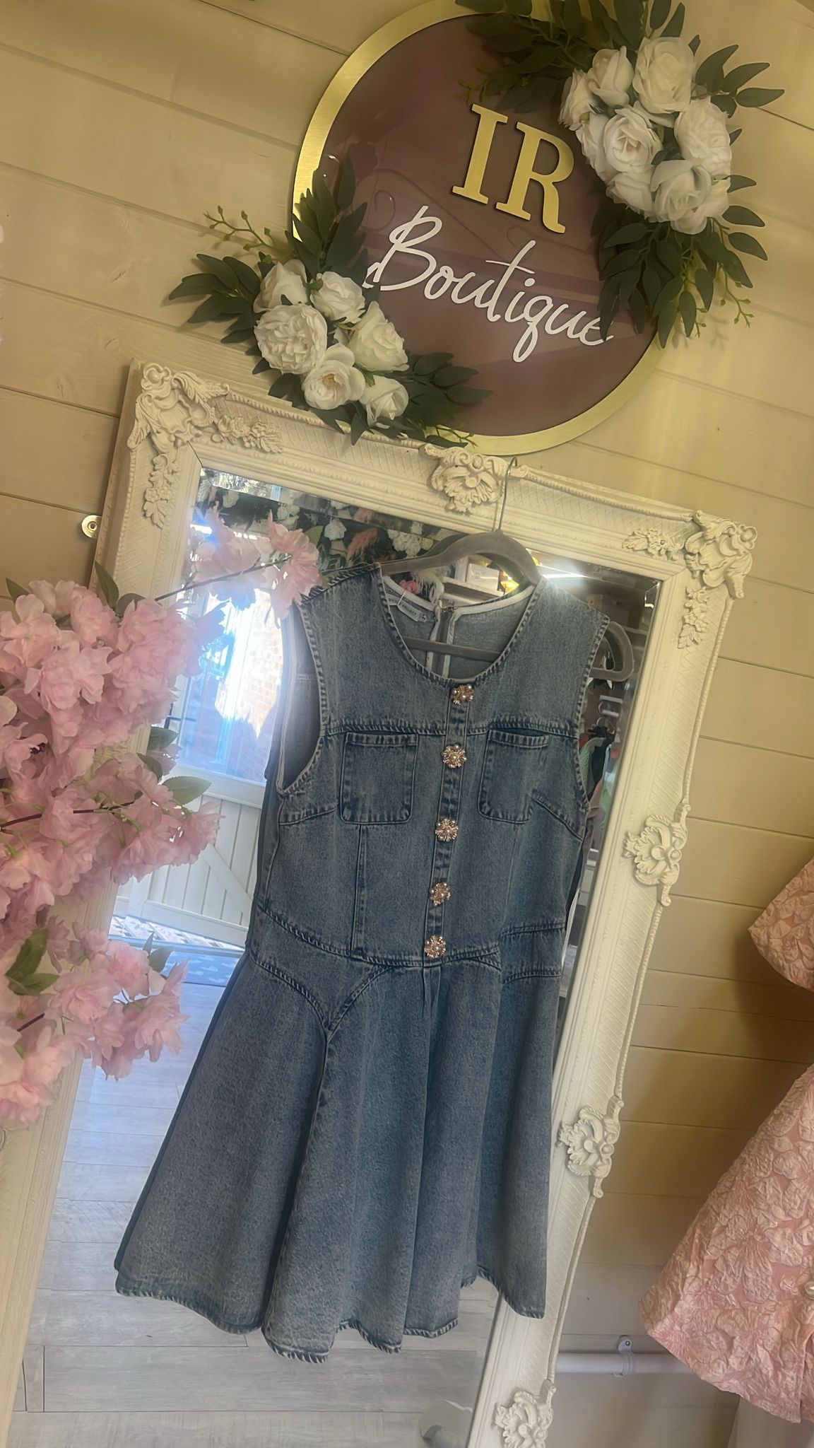 Sleeveless Denim Diamante Flower Buttons Dress
