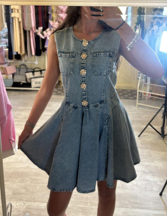Sleeveless Denim  Diamante Flower Buttons Dress